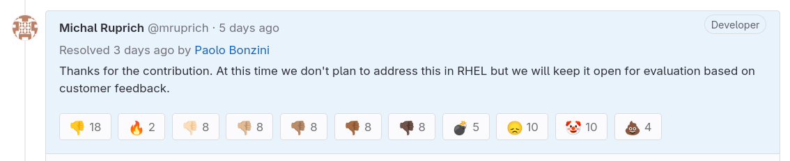 There's <a href="https://gitlab.com/redhat/centos-stream/rpms/iperf3/-/merge_requests/5#note_1476778724">more to this pull request refusal</a>, but you can see some friction in the early days of the "We'll work in CentOS Stream" era.