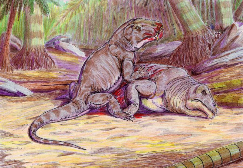 Artist’s depiction of two dinocephalians, a group of land animals that died out in the Captitanian extinction(s).