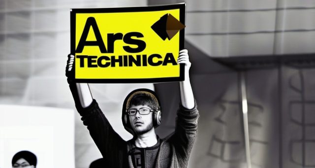 An AI-generated image of "A man holding a sign that says Ars Technica," created using SDXL 1.0.