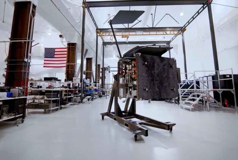 An Astranis satellite is seen in the company factory.