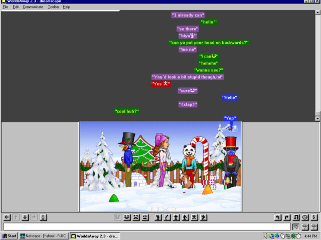 Screenshot gemaakt door Benj Edwards van WorldsAway, een online grafische chatwereld, op 12 december 1998. Benj is de blauwe man aan de rechterkant.