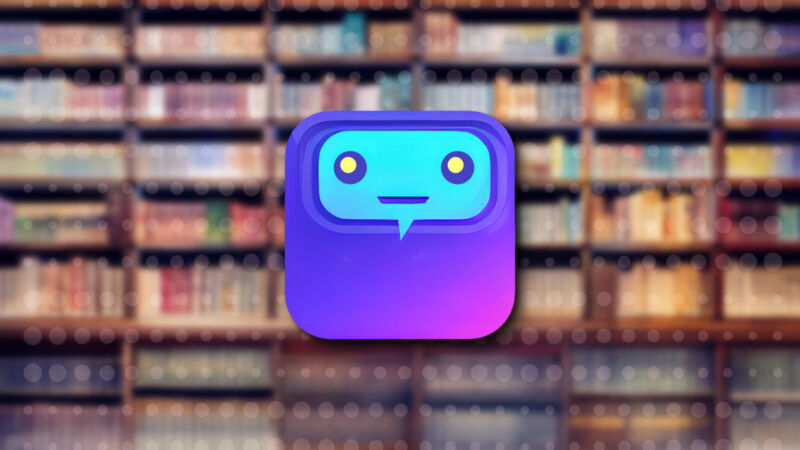 An AI-generated image of a chatbot in front of library shelves.