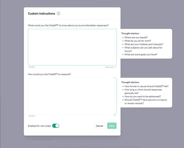 A screenshot of two "Custom Instructions" input fields in the web version of ChatGPT.