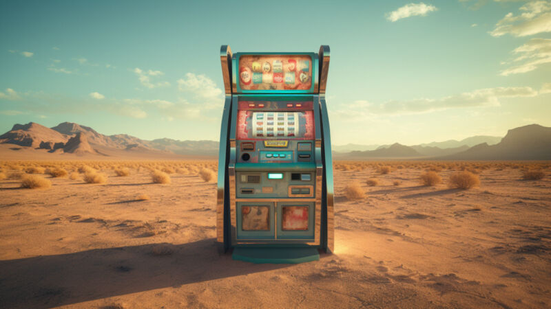 An AI-generated image of a slot machine in a desert.