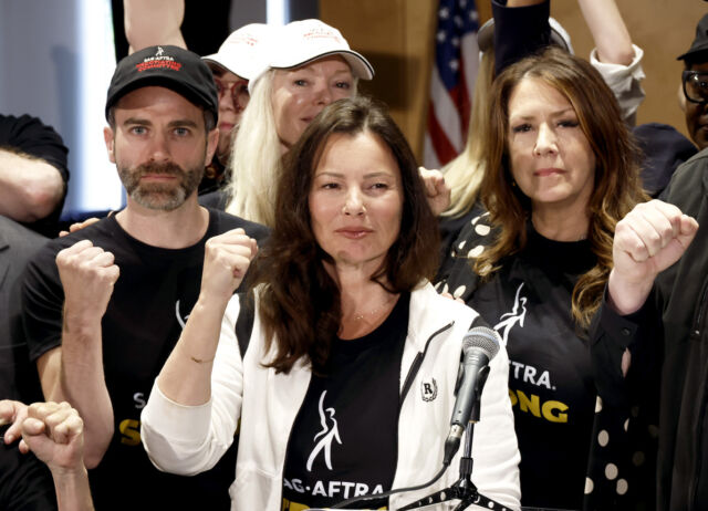 (L-R) Ben Whitehair, Frances Fisher, SAG President Fran Drescher, Joely Fisher, and SAG-AFTRA members are seen as SAG-AFTRA National Board holds a press conference for a vote on recommendation to call a strike regarding the TV/Theatrical contract at SAG-AFTRA on July 13, 2023.