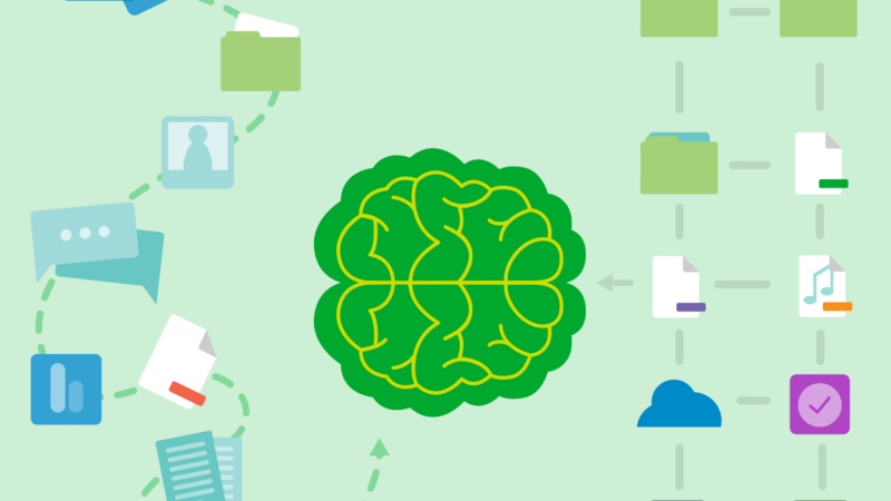 Verde cerebro en medio de archivos y recuerdos