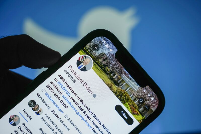 The Twitter account of US President Joe Biden displayed on a smartphone screen.