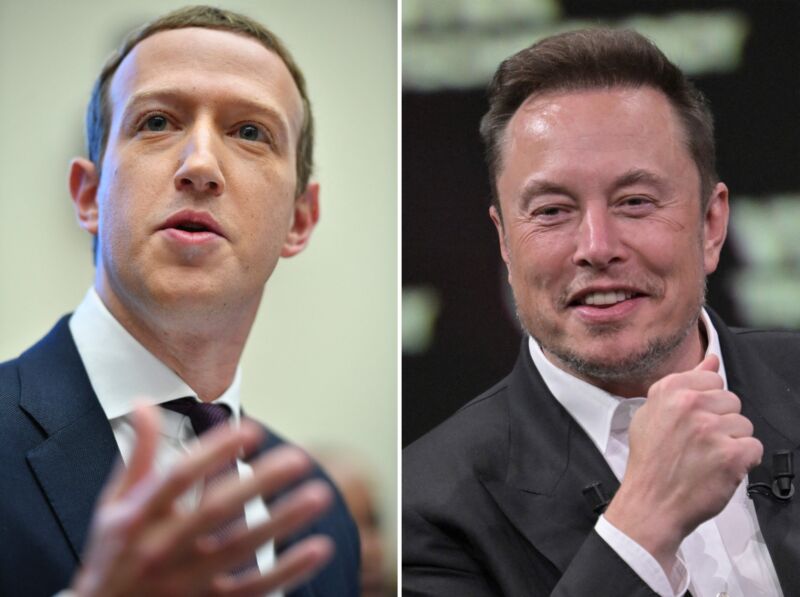 Mark Zuckerberg and Elon Musk seen in two photographs placed next to each other.