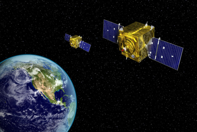 Ilustración de un artista de dos de los satélites de vigilancia GSSAP de la Fuerza Espacial. 