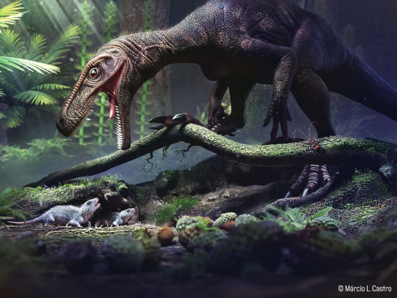 Image of a dinosaur looming over some small mammals, potentially about to eat them.