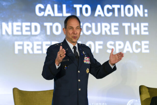 Lt. Gen. John Shaw, deputy head of US Space Command, speaks at the National Security Space Association’s 2023 Defense and Industry Space Conference.