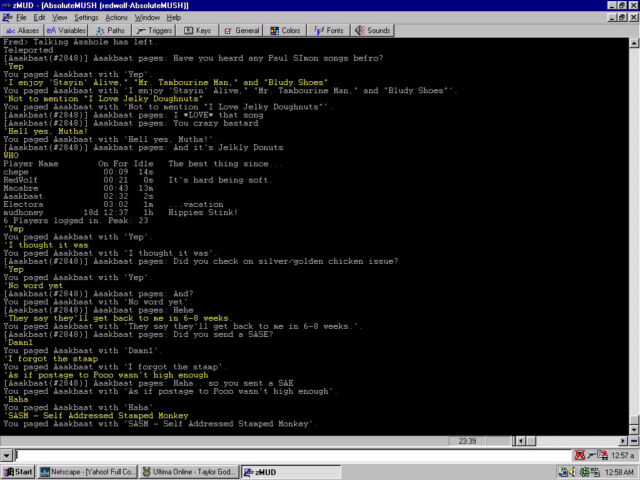 Screenshot van gedecodeerde Benj-activiteit op AbsoluteMUSH via de zMUD-client op 21 juli 1998. Ook ingediend: Netscape, Ultima Online, ICQ - allemaal geleverd via een 33,6 kbps inbelmodemverbinding met NetWorks.