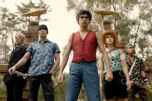 crew members face off in a group fighting stance
