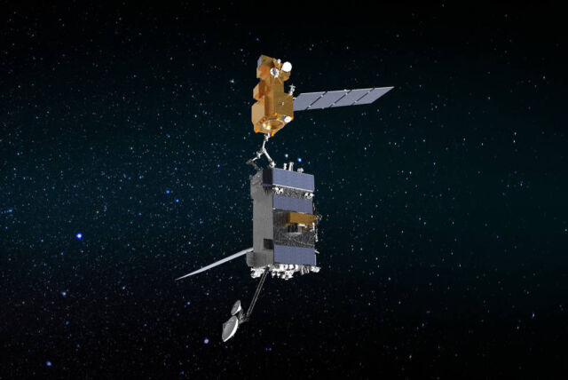 En la ilustración de este artista, la nave espacial OSAM-1 de la NASA usa brazos robóticos para agarrar a Landsat 7, un satélite que no fue diseñado para servicio o reabastecimiento de combustible.