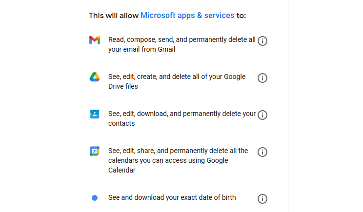 Daftar izin yang harus Anda berikan kepada Microsoft untuk menggunakan layanan email pihak ketiga dengan aplikasi Outlook.