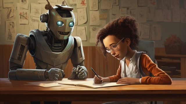 An AI-generated image of a student getting help from a robot.