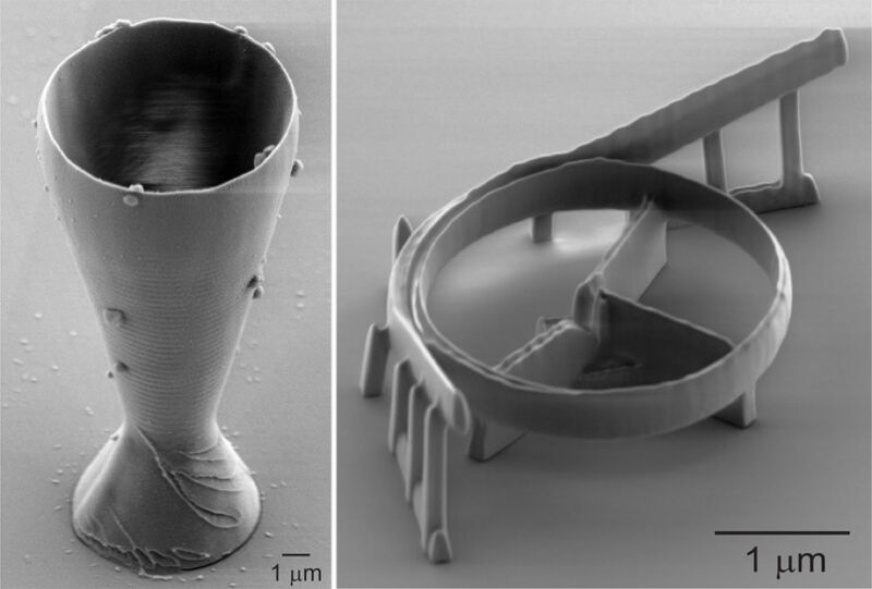 The world’s smallest 3D-printed wineglass (left) and an optical resonator for fiber optic telecommunication