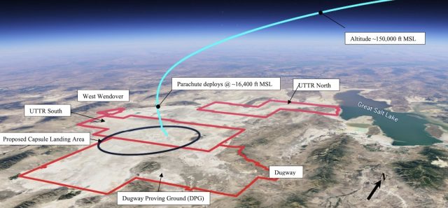 Este gráfico de una evaluación ambiental de la FAA muestra la trayectoria esperada del vehículo de reingreso de Varda a medida que se acerca al campo de pruebas y entrenamiento de Utah.