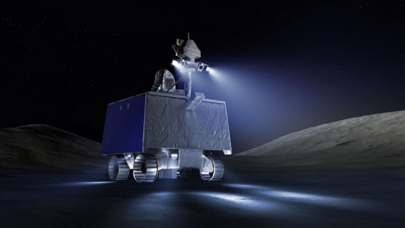 Artist's concept of the VIPER rover working in lunar darkness.
