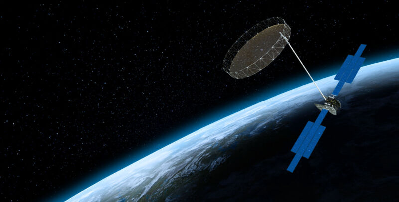 This artist's illustration of the ViaSat-3 Americas satellites shows the spacecraft as it would appear with its large reflector antenna fully deployed.