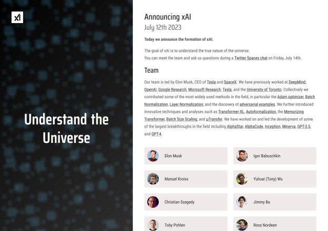 Une capture d'écran du site Web x.AI le 12 juillet 2023.