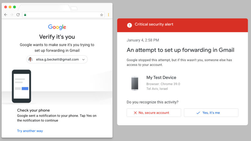 Gmail's security pop-up to change a setting (left) and the more dramatic warning you'll get if someone fails a 2FA attempt.