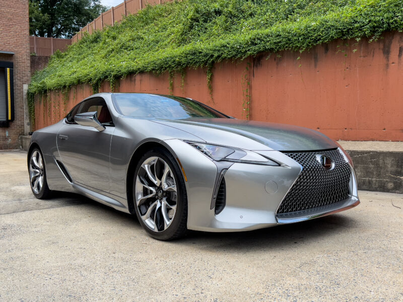 A silver Lexus LC 500h coupe