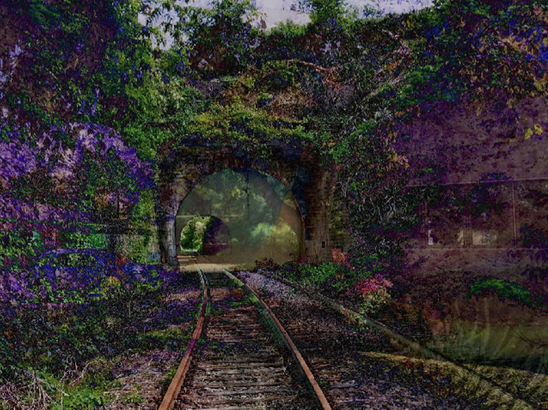 AI-generated image looks like a painting of a train track running through a tunnel overgrown with flowers.