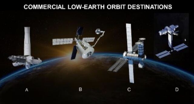 Sanatçının dört özel uzay istasyonu planı konsepti.  Soldan sağa: Axiom, Voyager, Northrop Grumman ve Blue Origin