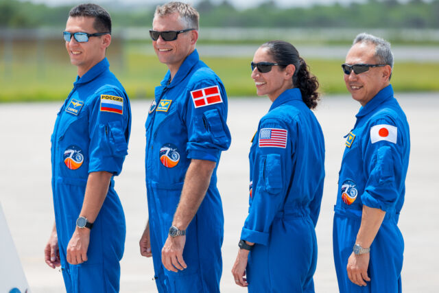 Crew-7 from left to right: Russian cosmonaut Konstantin Borisov, ESA astronaut Andreas Mogensen, NASA commander Jasmin Moghbeli, and Japanese astronaut Satoshi Furukawa. 