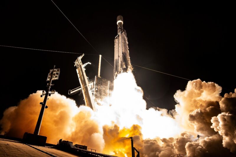 SpaceX's Falcon Heavy rocket lifts off from Kennedy Space Center carrying the Jupiter-3 mission.