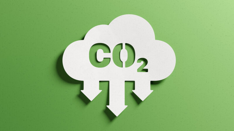 Paper cutout of a cloud labeled CO2 above arrows pointing downwards.