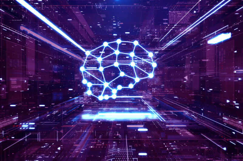 Digital generated image of glowing dots connected into brain icon inside abstract digital space.