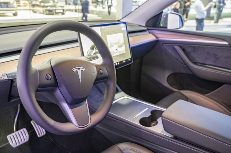 Tesla Model Y full electric crossover SUV on dsipaly at Brussels Expo on January 13, 2023 in Brussels, Belgium.