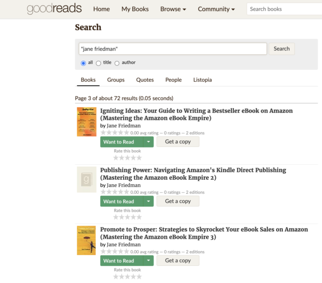 A screenshot showing books falsely attributed to Jane Friedman on Goodreads.
