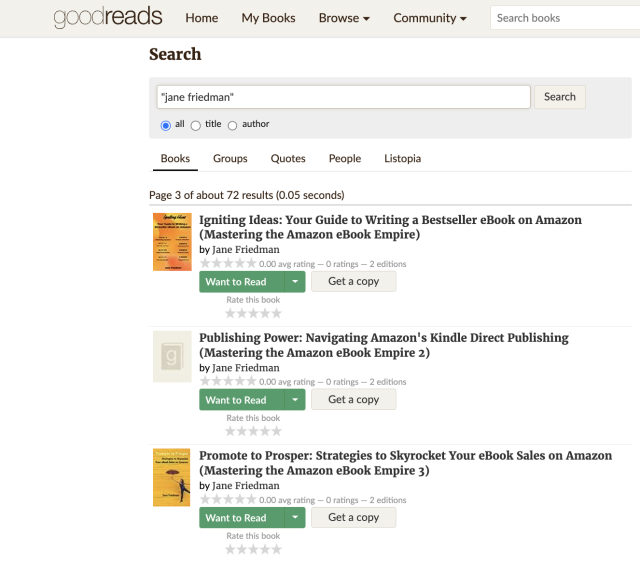 Una captura de pantalla que muestra libros falsamente atribuidos a Jane Friedman en Goodreads.