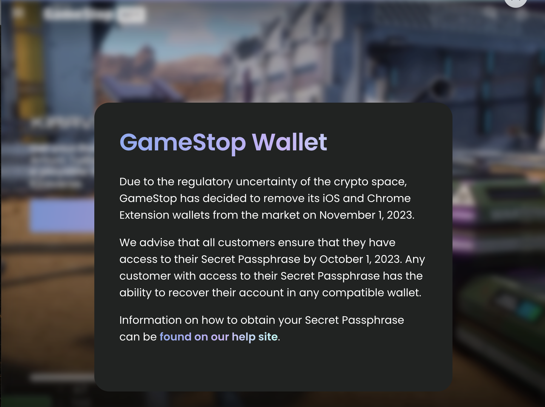 GameStop's notice to customers of the shutdown of GameStop Wallet.