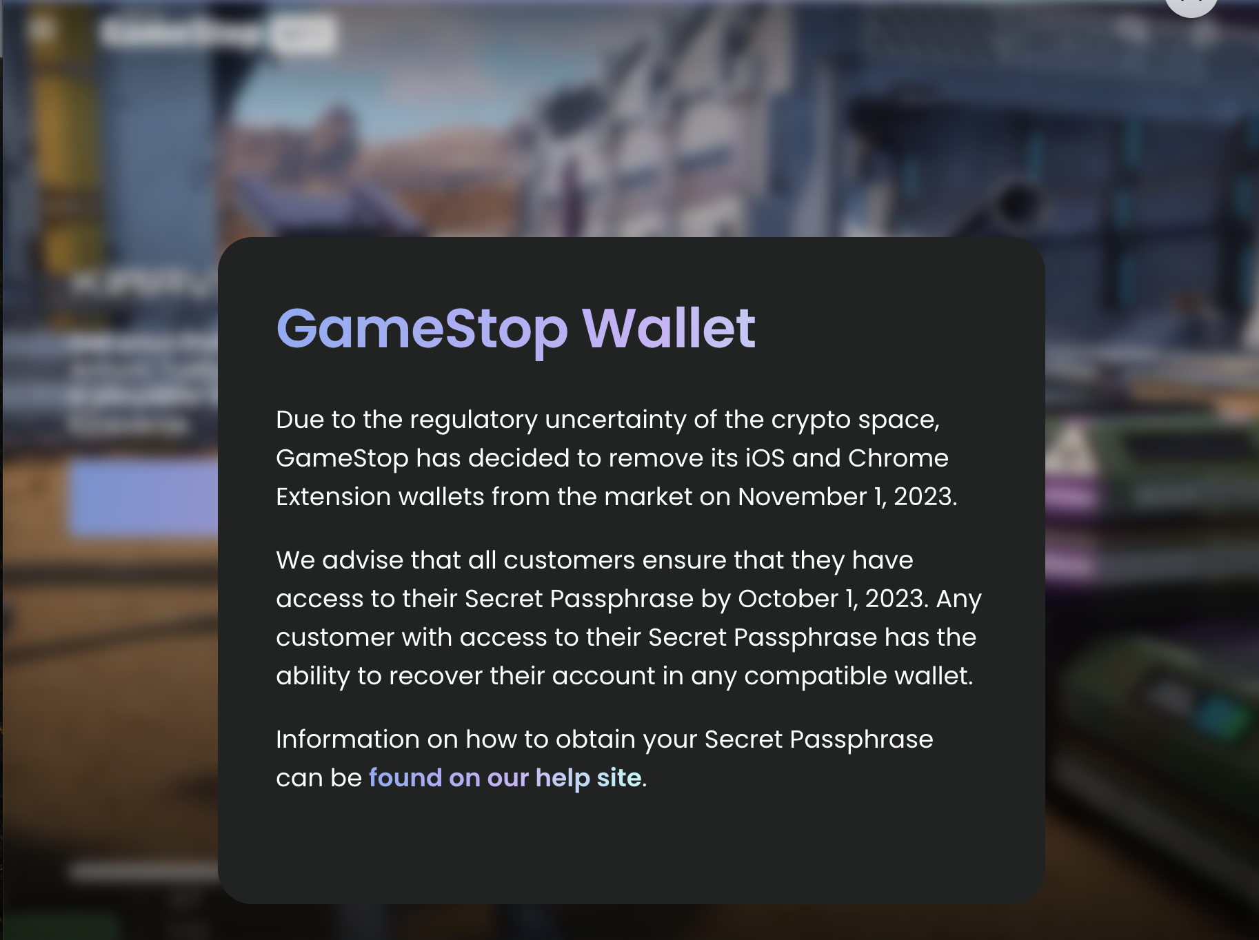 Aviso de GameStop a los clientes sobre el cierre de GameStop Wallet.