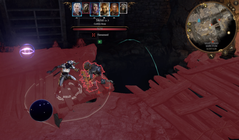 Baldur's Gate 3 character about to shove a goblin into a chasm