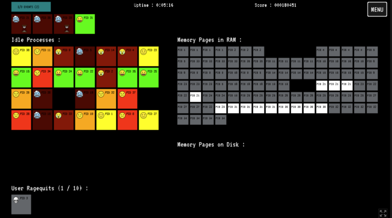 Screenshot of You're the OS game, with multi-colored processes and gray memory pages