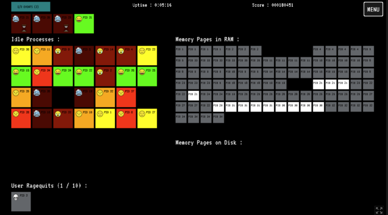 Capture D'Écran Du Jeu You'Re The Os, Avec Des Processus Multicolores Et Des Pages De Mémoire Grises