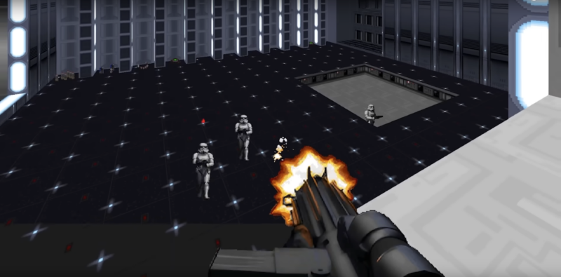 First-person view of a blaster mowing down Storm Troopers