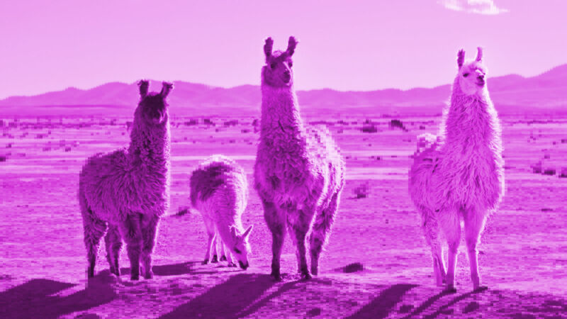 A group of pink llamas on a pixelated background.