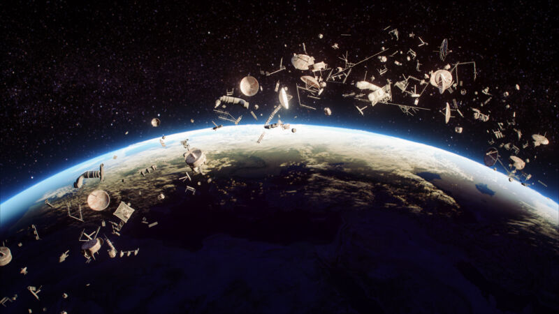 An artist's conception of space junk orbiting Earth.