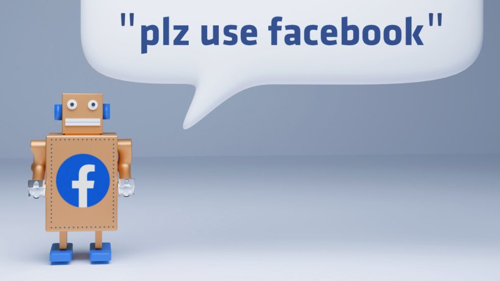 A toy robot saying "plz use facebook."