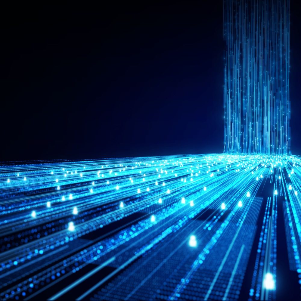 An abstract illustration shows flowing lines to data to represent a broadband network.