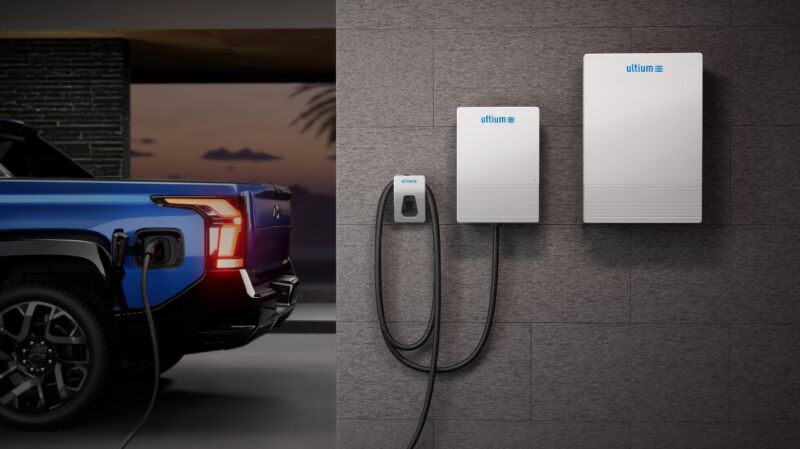 Rendering of a 2024 Chevrolet Silverado EV RST in a residential garage with anticipated Ultium Home offerings. Simulated products shown. Actual production model may vary. Simulated vehicle shown.