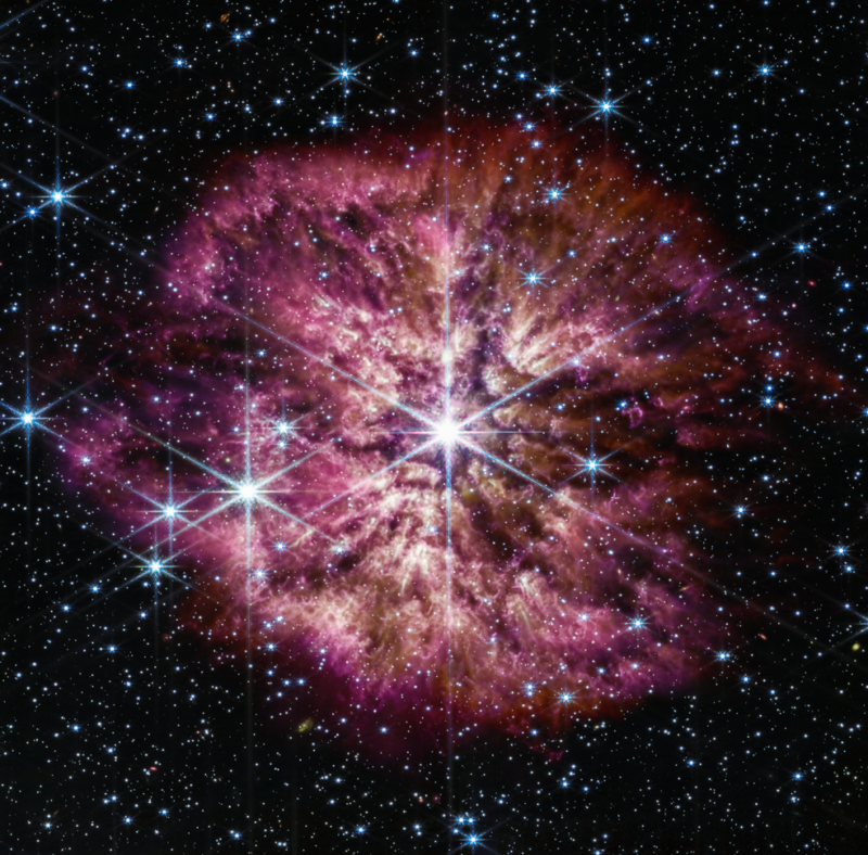 Image of a bright star surrounded by a complex reddish cloud of material.