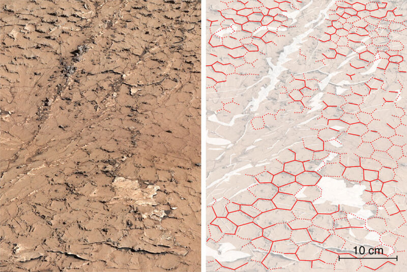 two images. At left, a sandy, brownish area filled with hexagonal shapes. At right, this image is faded out, but the hexagonal shapes are outlined in red.