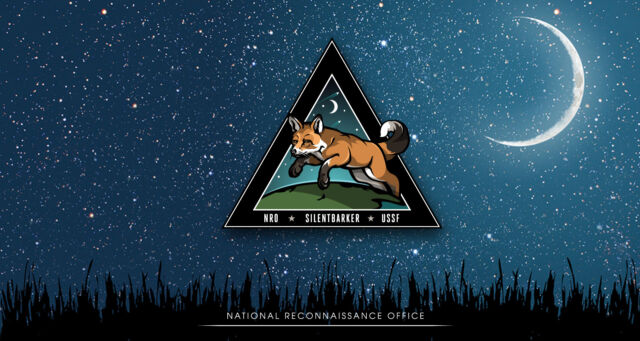 The NRO's mission patch for the Silent Barker mission. The spy satellite agency says the fox "represents the cunning nature of the IC (intelligence community) and DoD (Department of Defense).